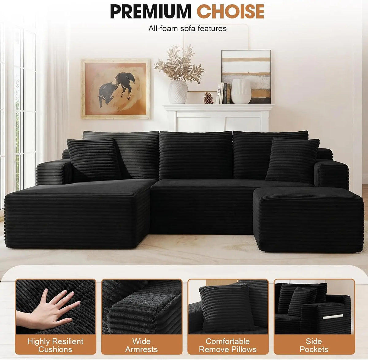 Modular U Shaped Sectional Sofa with Ottoman and Deep Seating