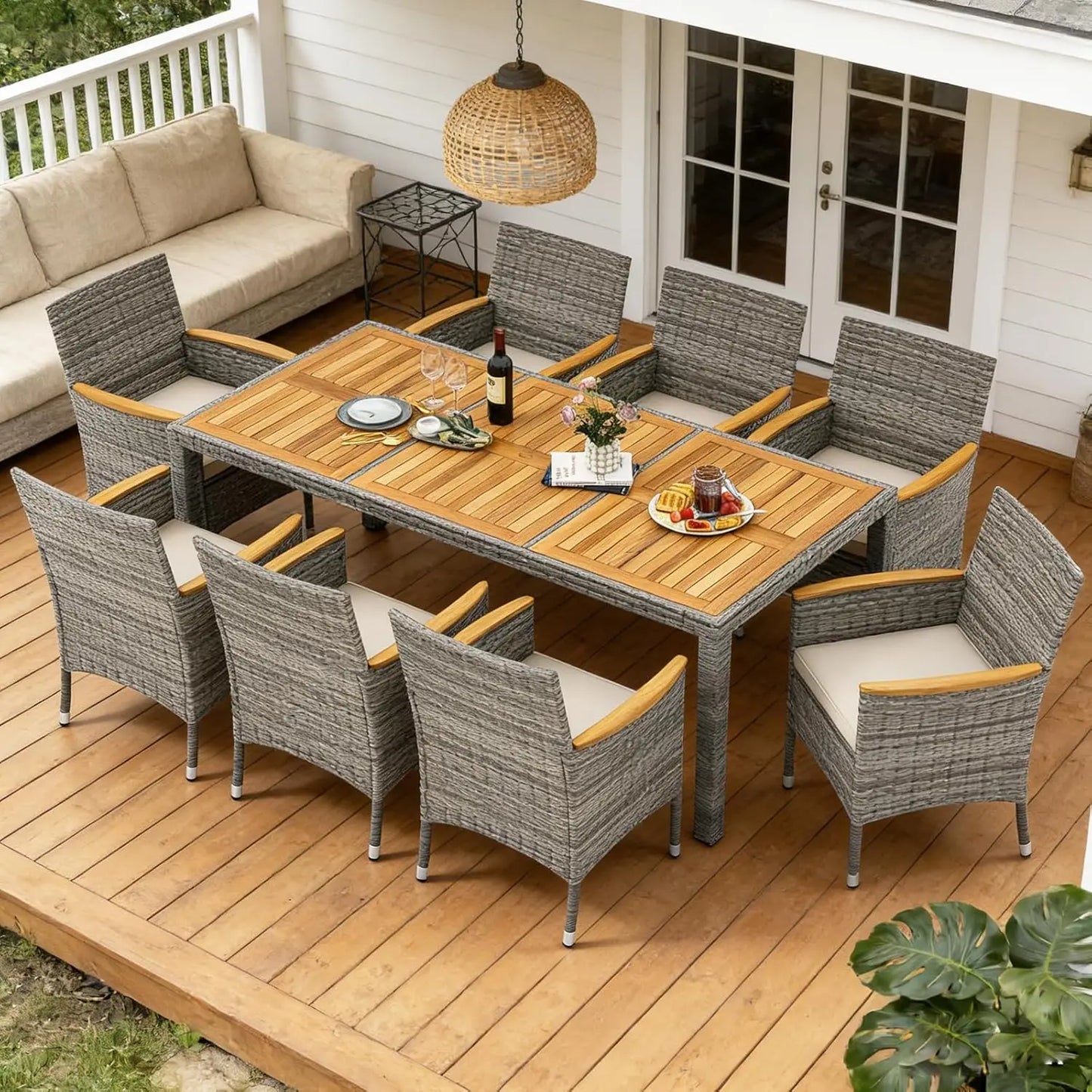 Outdoor Patio Dining Set Rattan Table And Chairs Acacia Wood Umbrella Hole