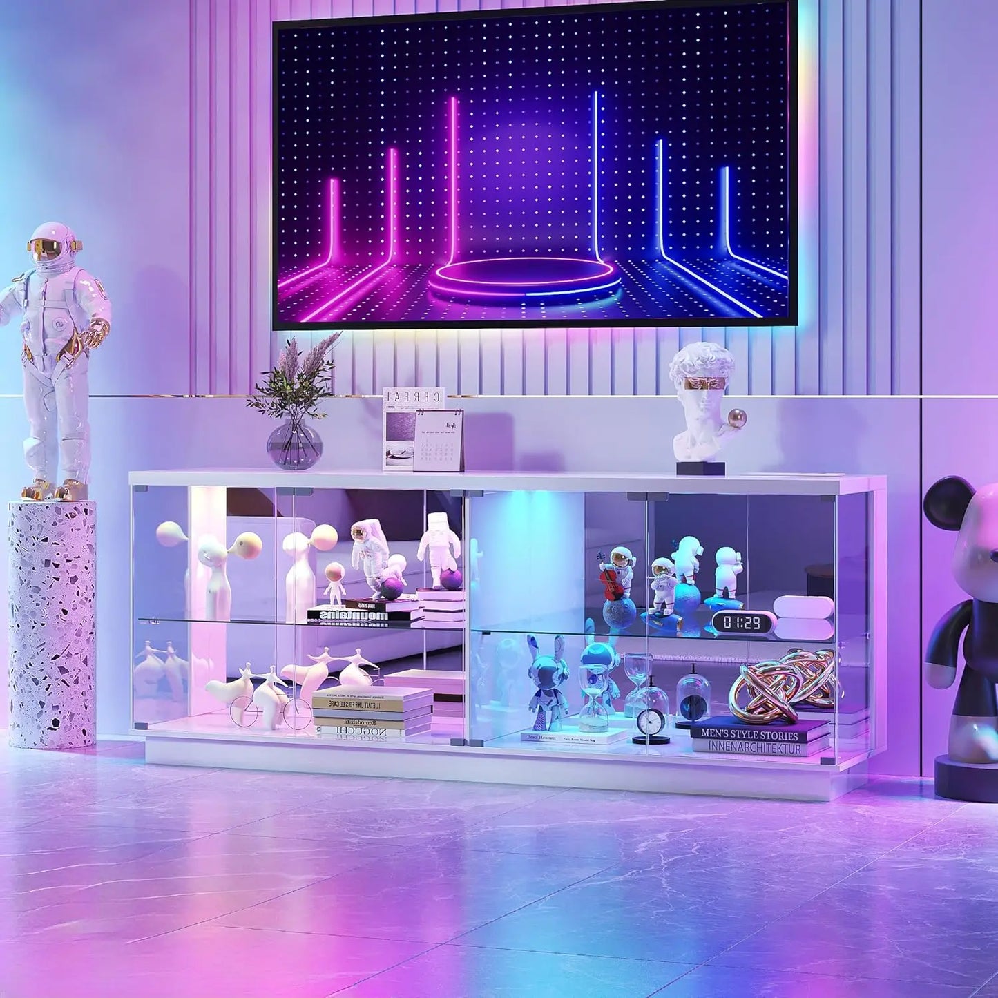 Glass Display Cabinet With RGB Lighting And Lockable Tempered Doors