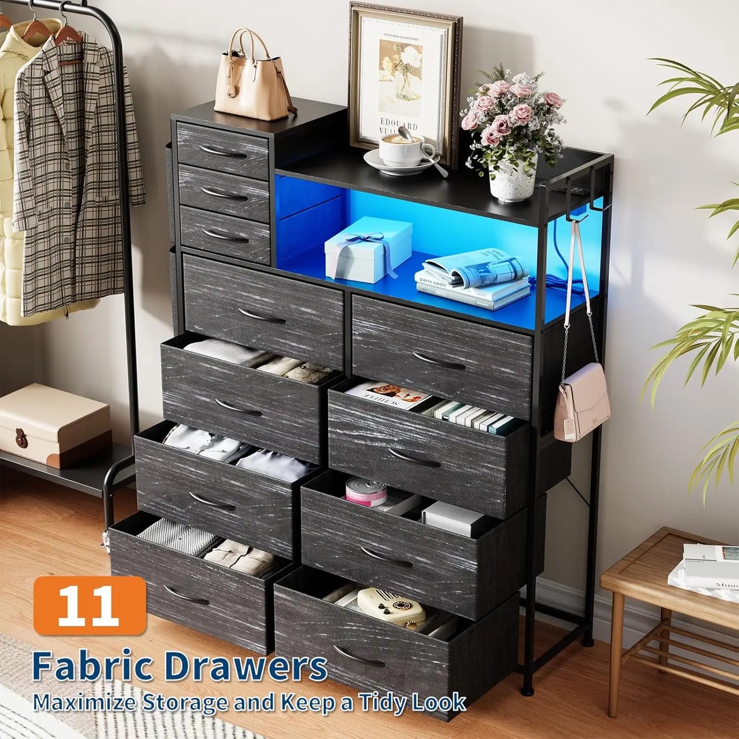 Storage Dresser With Fabric Drawers And LED Charging Station