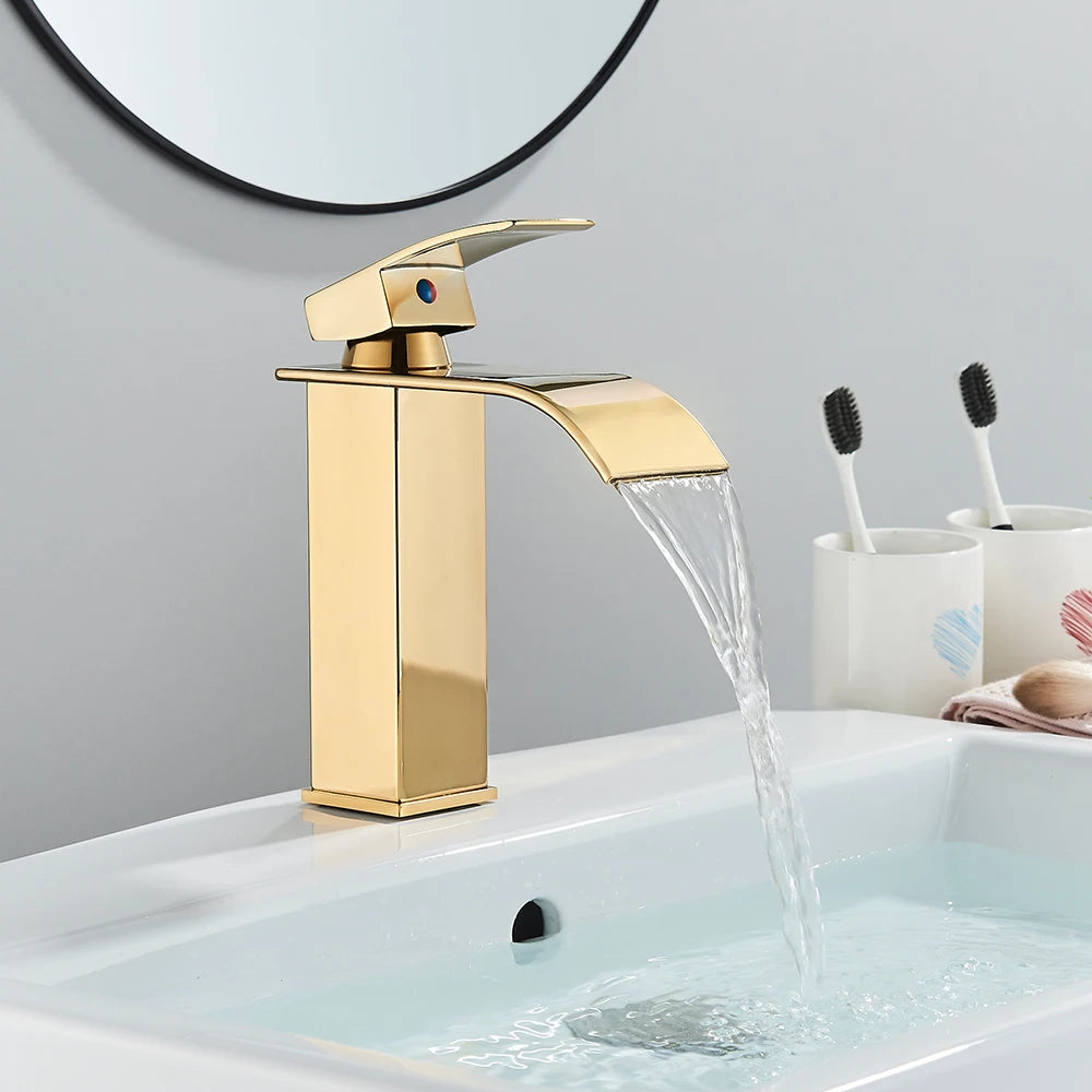 Onyzpily Deck Mounted Waterfall Basin Faucet Single Lever Hot Cold