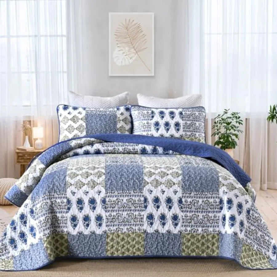 Boho Quilt Set Patchwork Reversible Microfiber Bedding