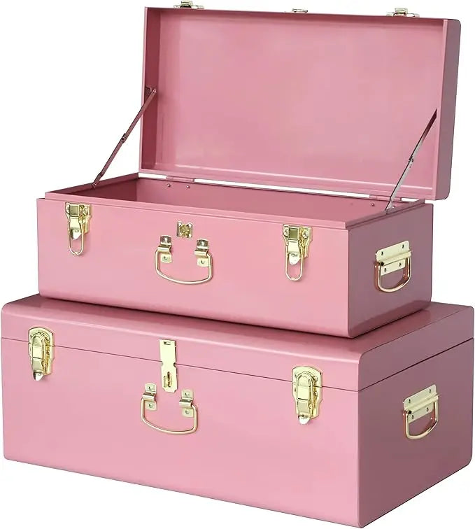 XMSJ Decorative Metal Box Storage Trunks Set Of 2 Dorm Chests With Handle