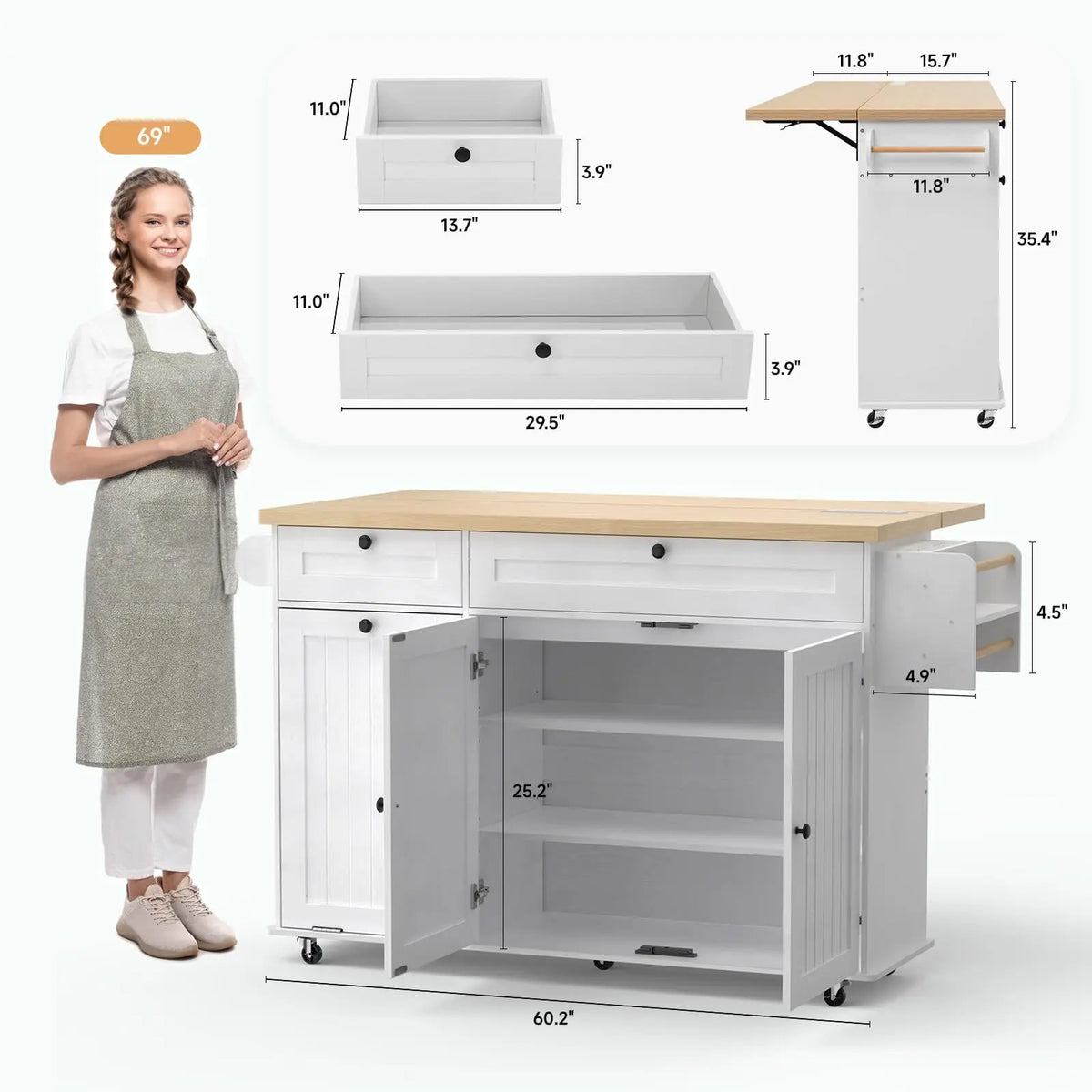 ONBRILL Rolling Kitchen Island With Drop Leaf And Power Outlet