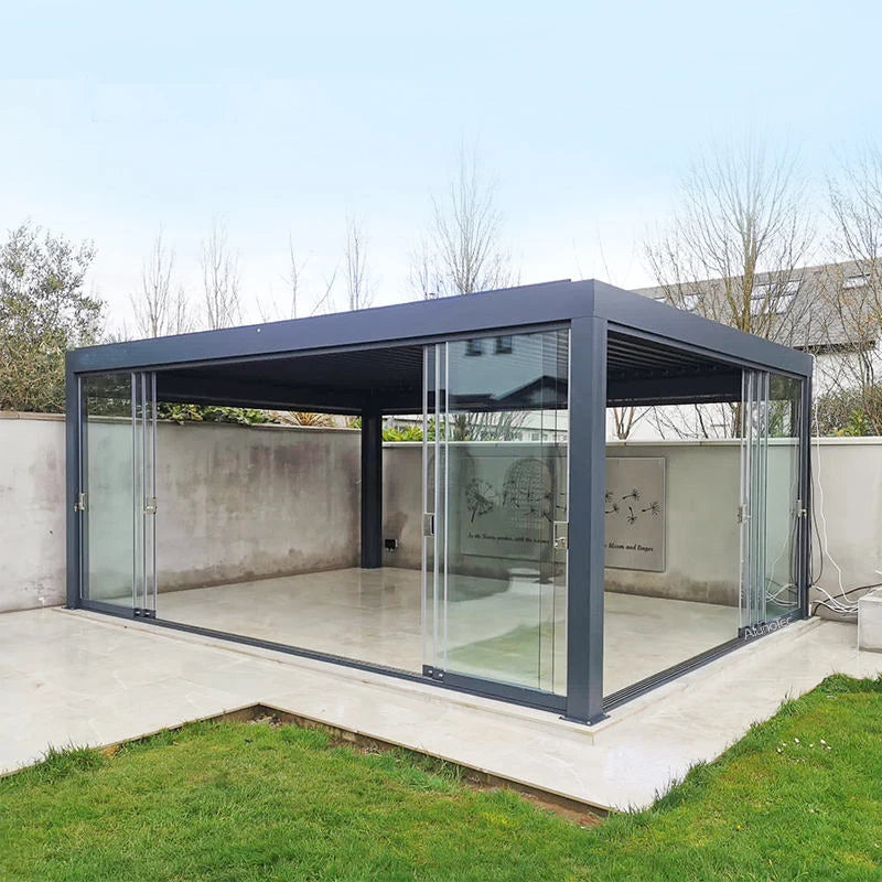 Motorized Aluminum Pergola With Sliding Glass Doors And LED Lights