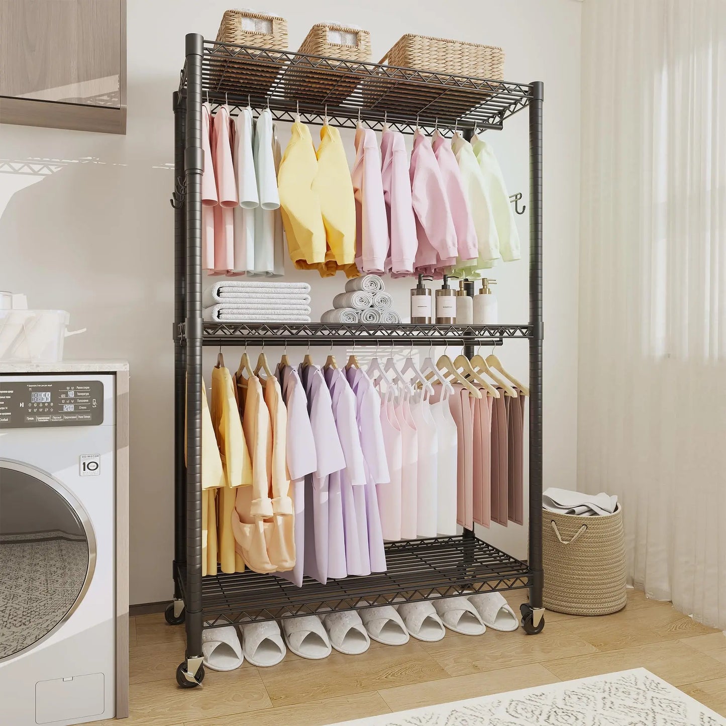 HiMISS 3 Tier Rolling Metal Garment Rack With Dual Rods