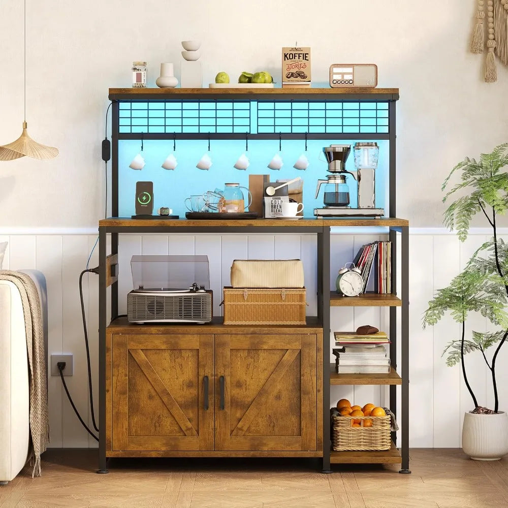 Bakers Rack With Power Outlet LED Light And Storage Cabinet