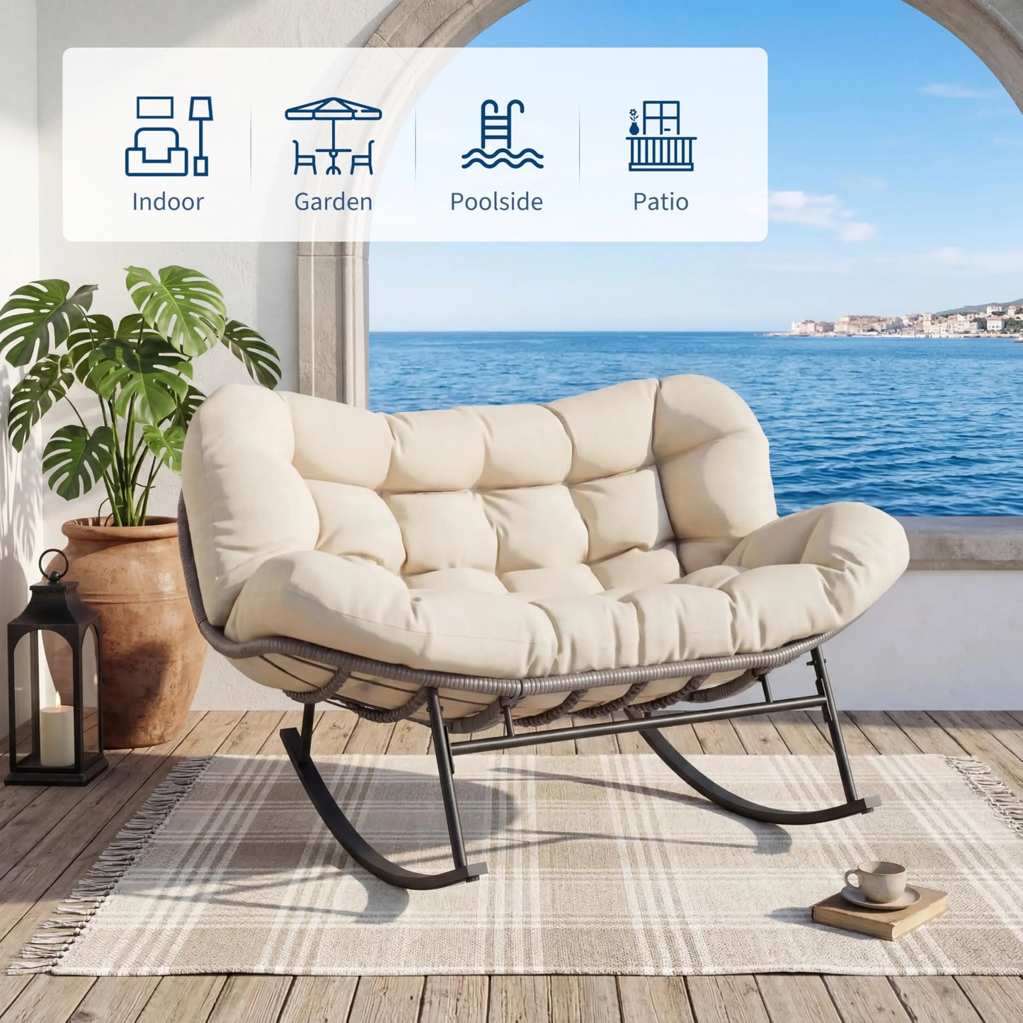 HobbyLane Double Papasan Rocking Chair With Ottoman Outdoor Oversized Wicker
