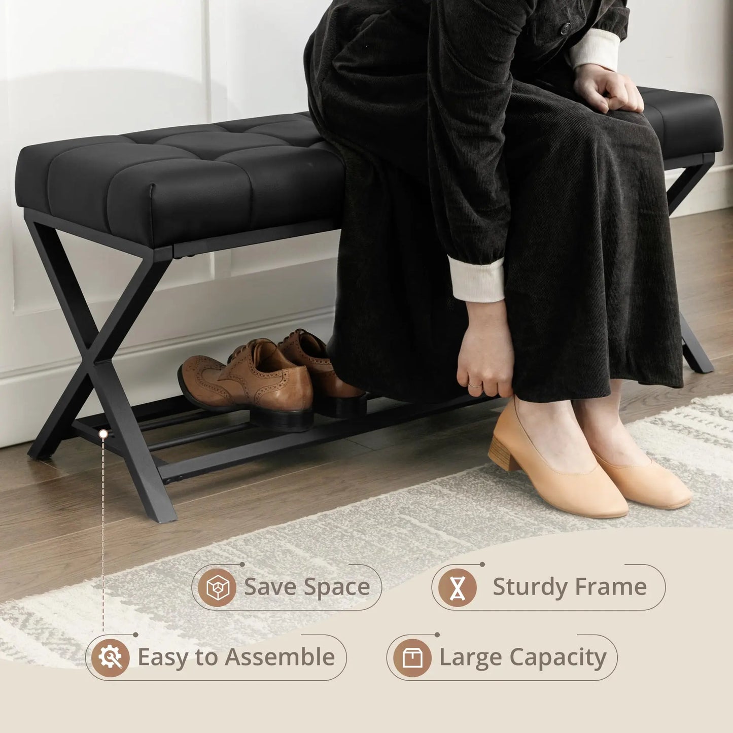 Tufted Upholstered Shoe Bench With Storage Shelf And Metal Legs