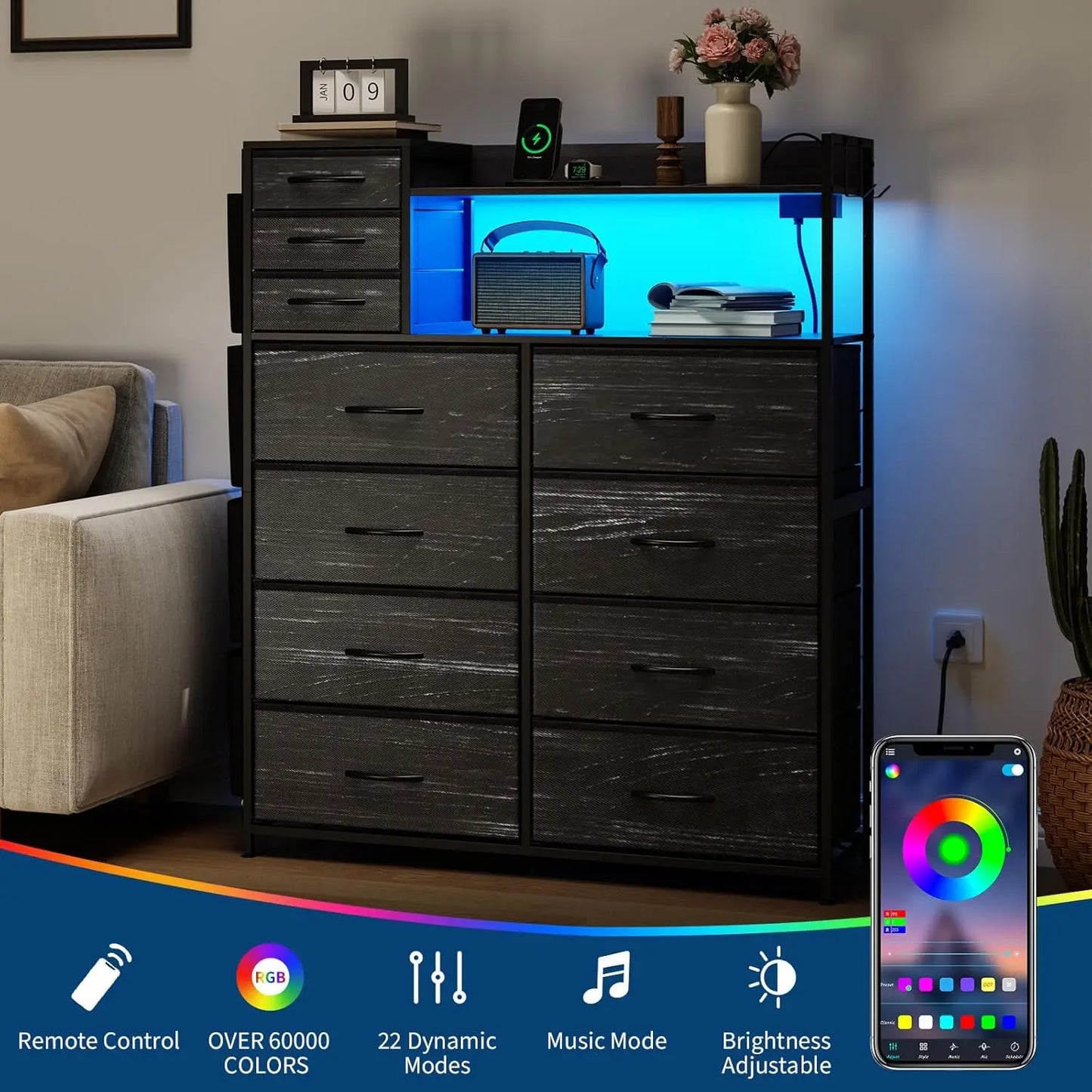 Storage Dresser With Fabric Drawers And LED Charging Station