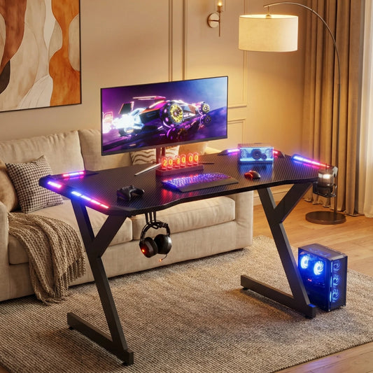 FRODROVIA Y-Shaped Gaming Desk With RGB LED Lights Cup Holder
