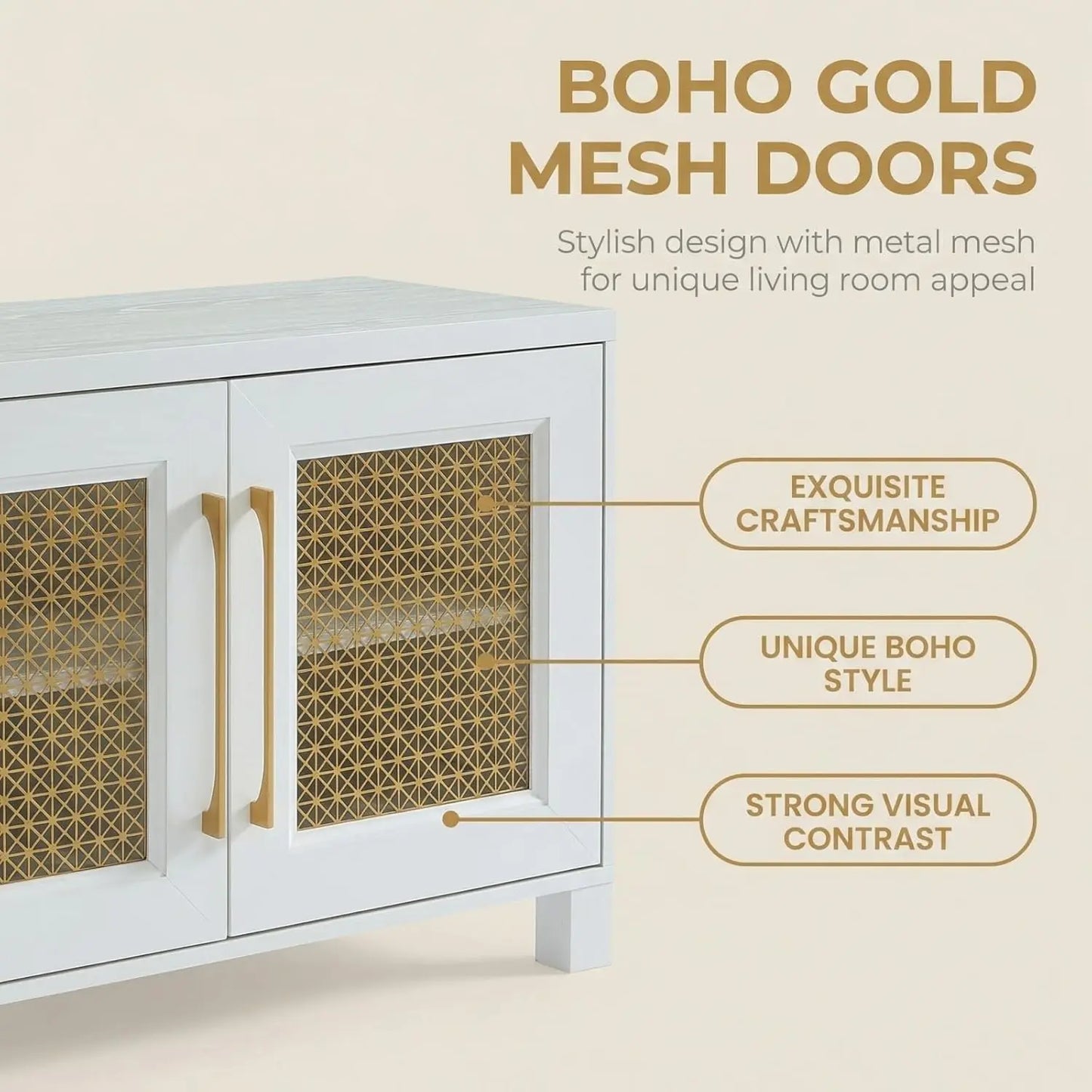 Boho TV Stand Media Console With Gold Mesh Doors Modern