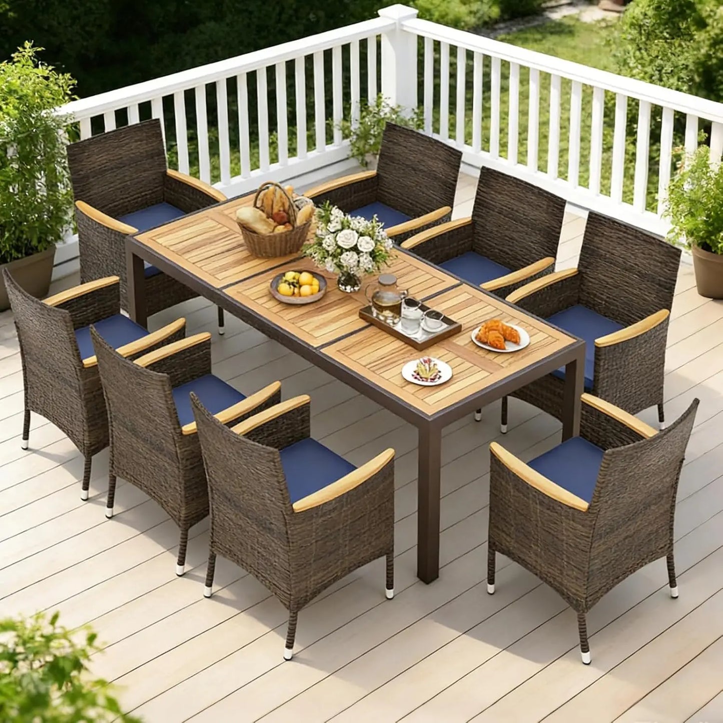 Outdoor Patio Dining Set Rattan Table And Chairs Acacia Wood Umbrella Hole