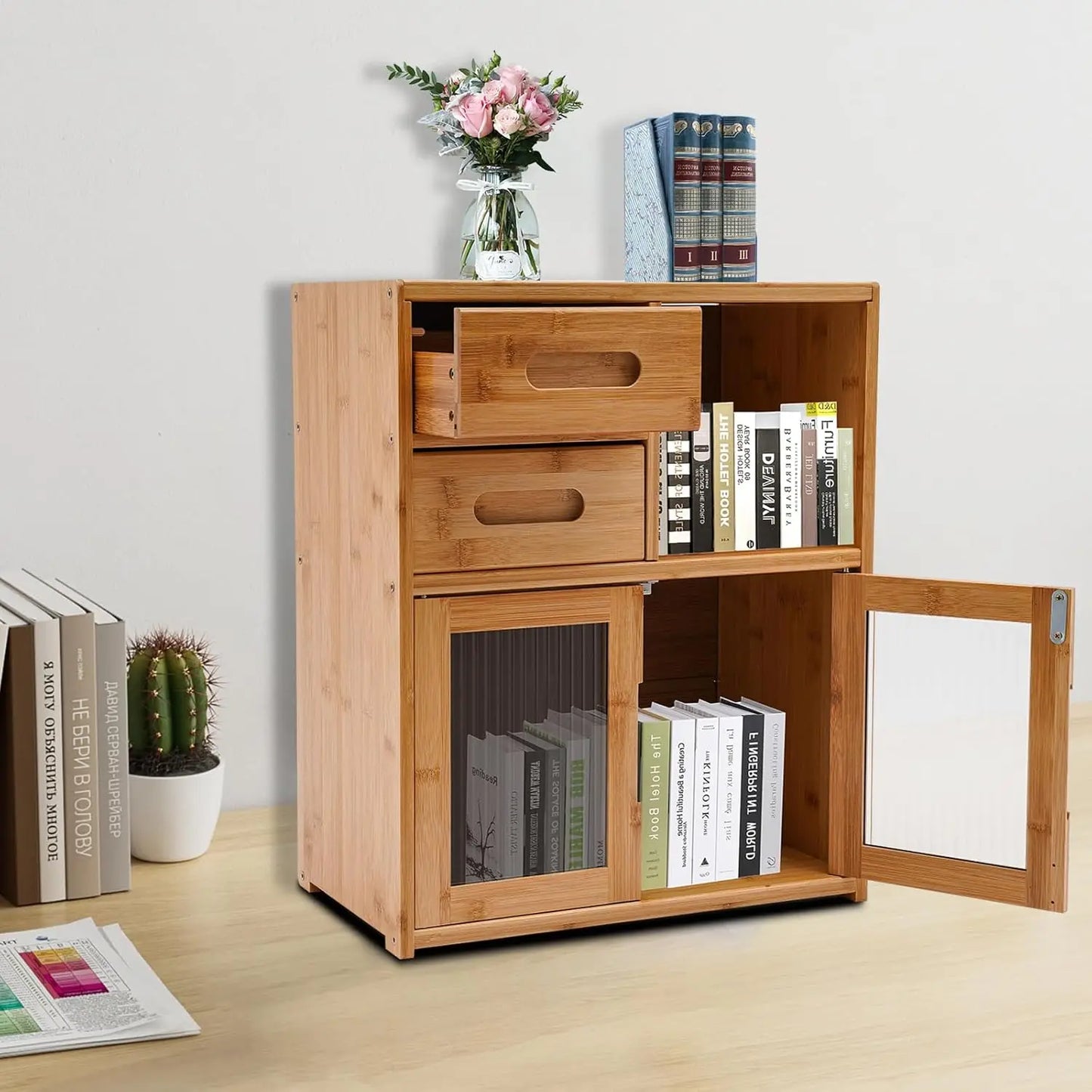 Bymaocar Bamboo Kitchen Pantry Cabinet With Bread Box And Drawers