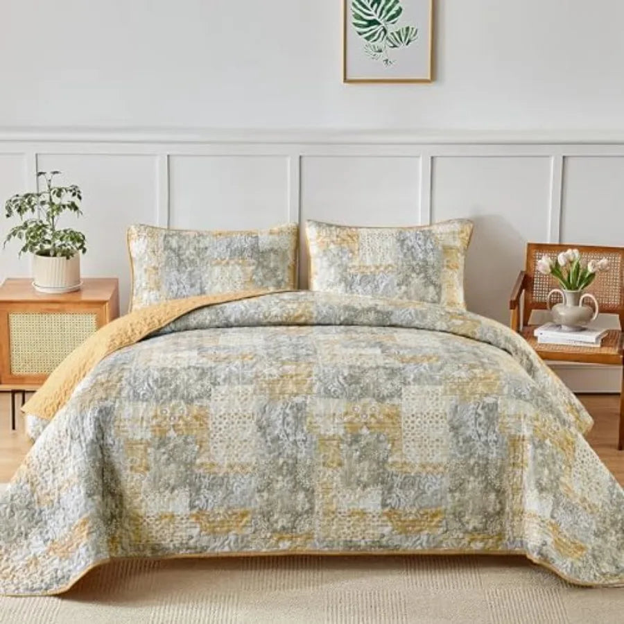 Boho Quilt Set Patchwork Reversible Microfiber Bedding