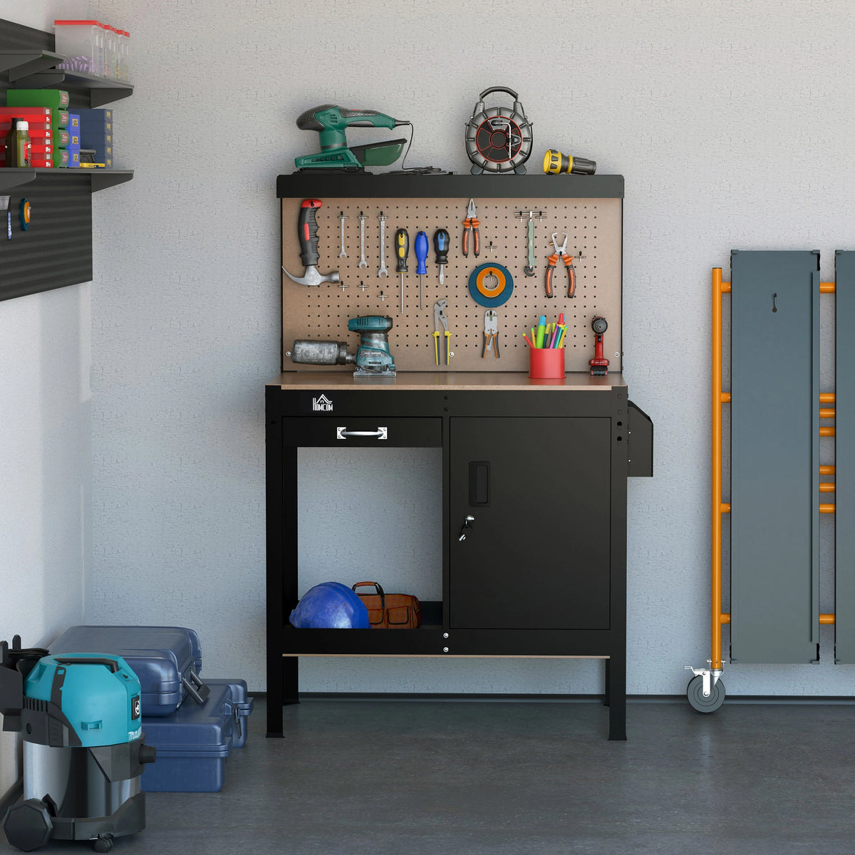 HOMCOM Multipurpose Workbench With Drawer, Pegboard And Lockable Storage