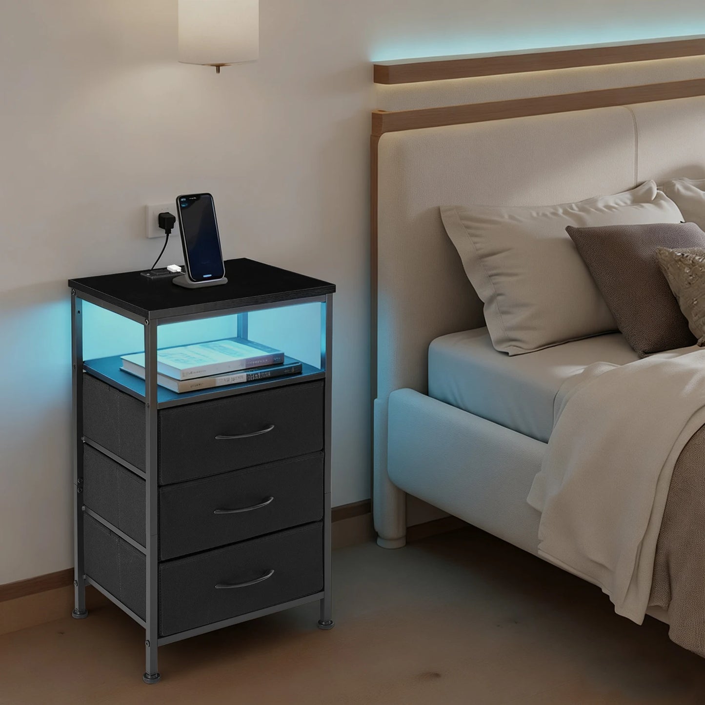 JHK Three-Drawer Fabric Cabinet Bedside Table With USB Type-C Ports