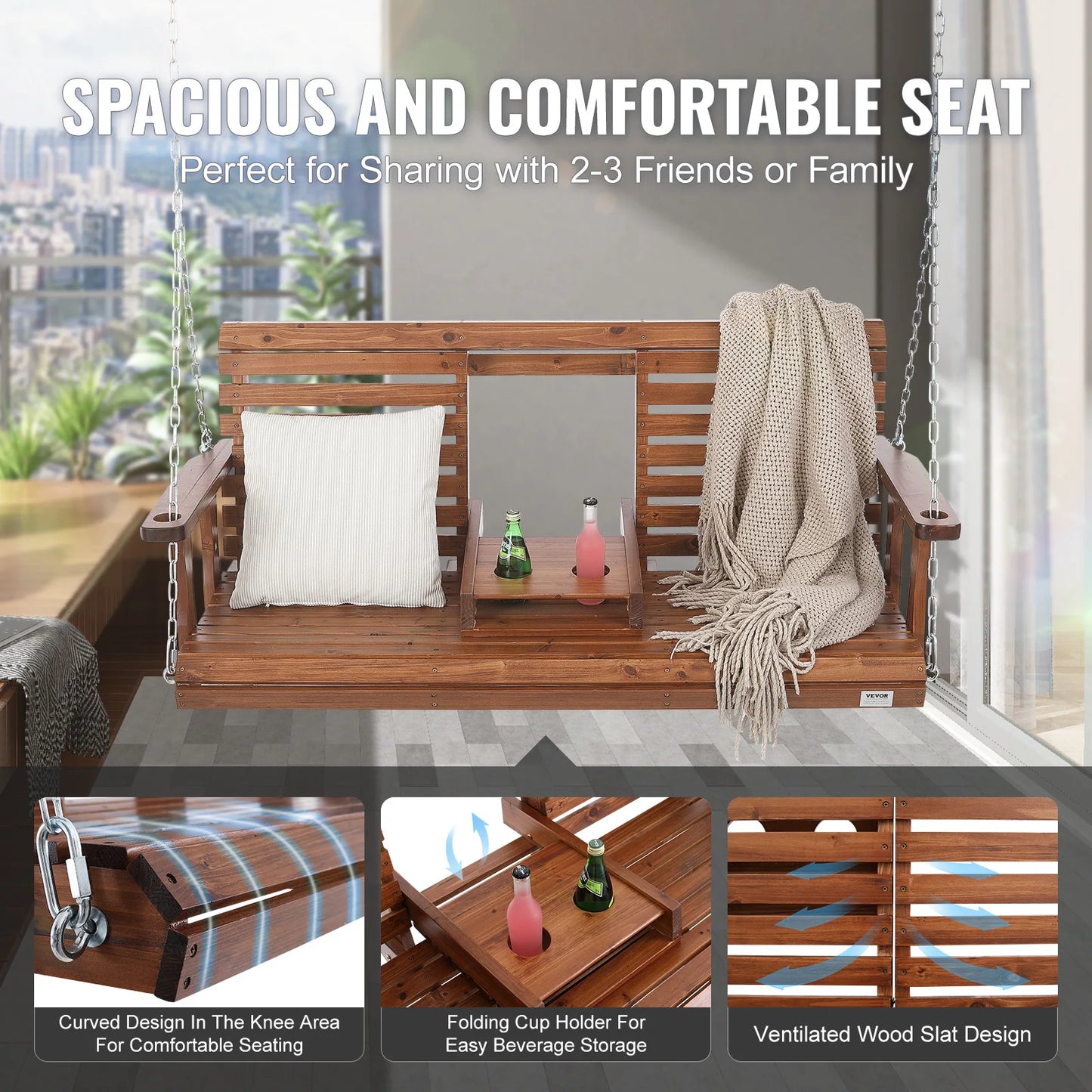 SucceBuy Wooden Porch Swing For Patio And Garden Outdoor Seating