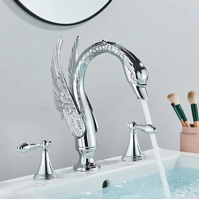 Saeuwtowy Golden Swan Bathroom Faucet With Dual Crystal Handles