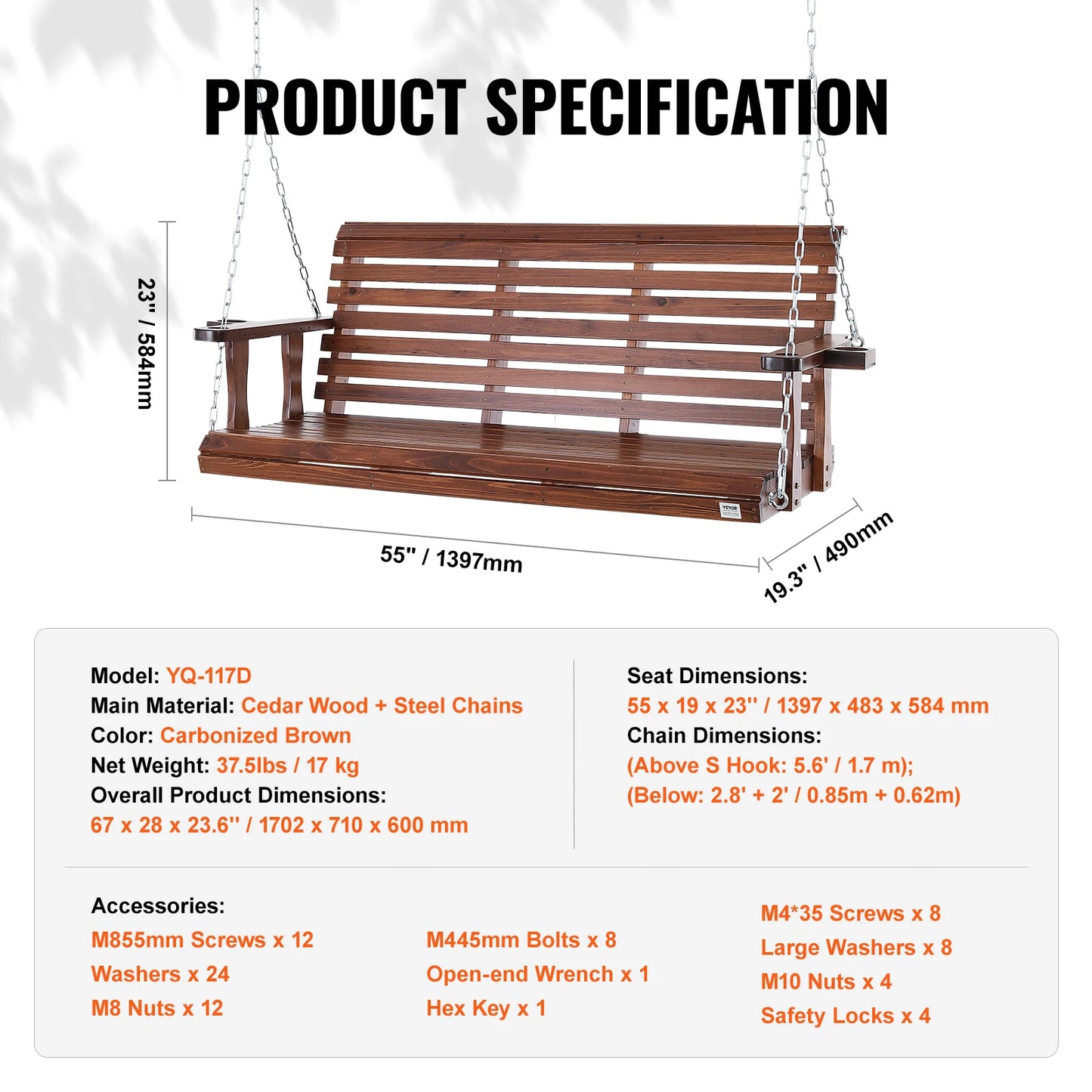 SucceBuy Wooden Porch Swing For Patio And Garden Outdoor Seating