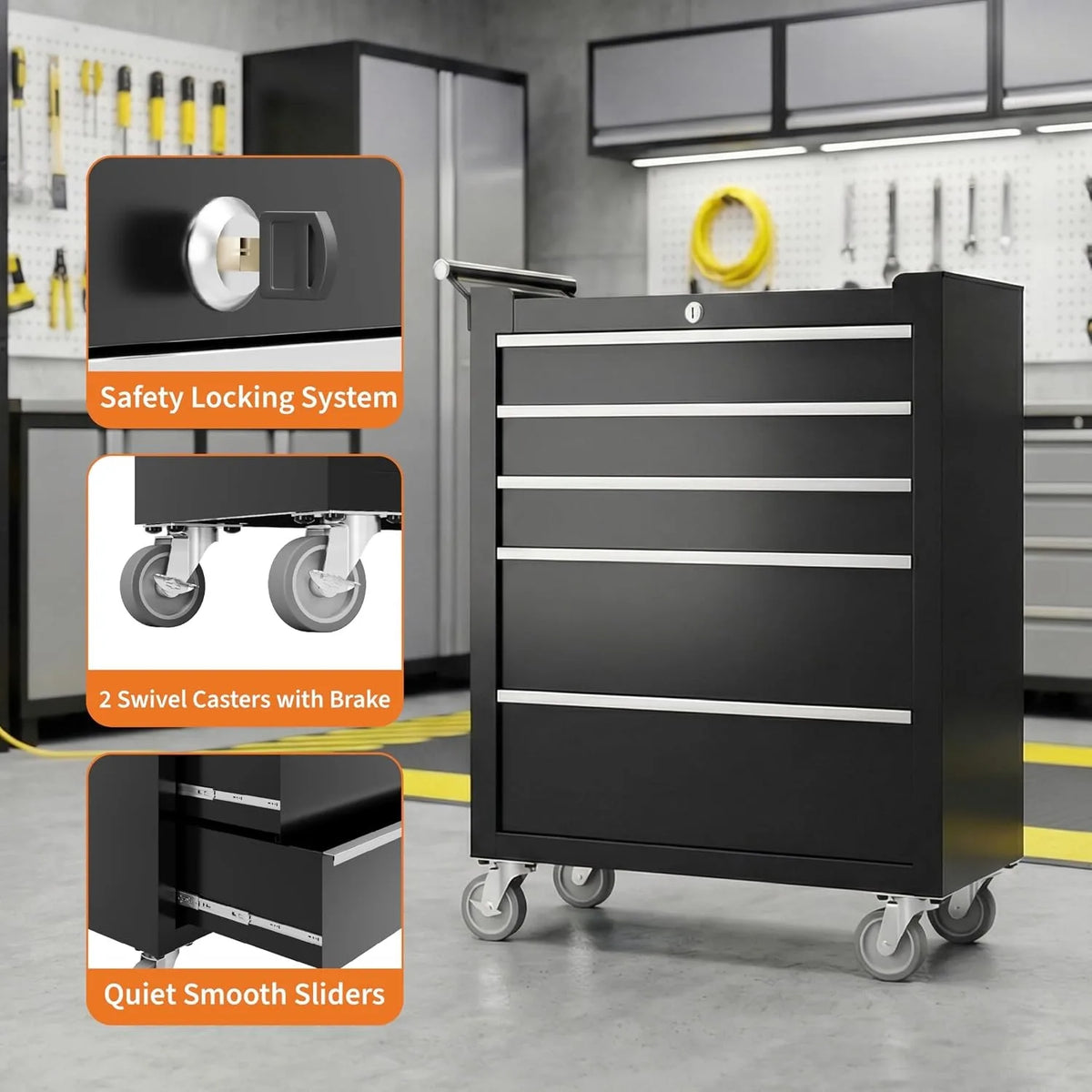 Five Drawer Rolling Tool Chest With Lock And Mobile Storage