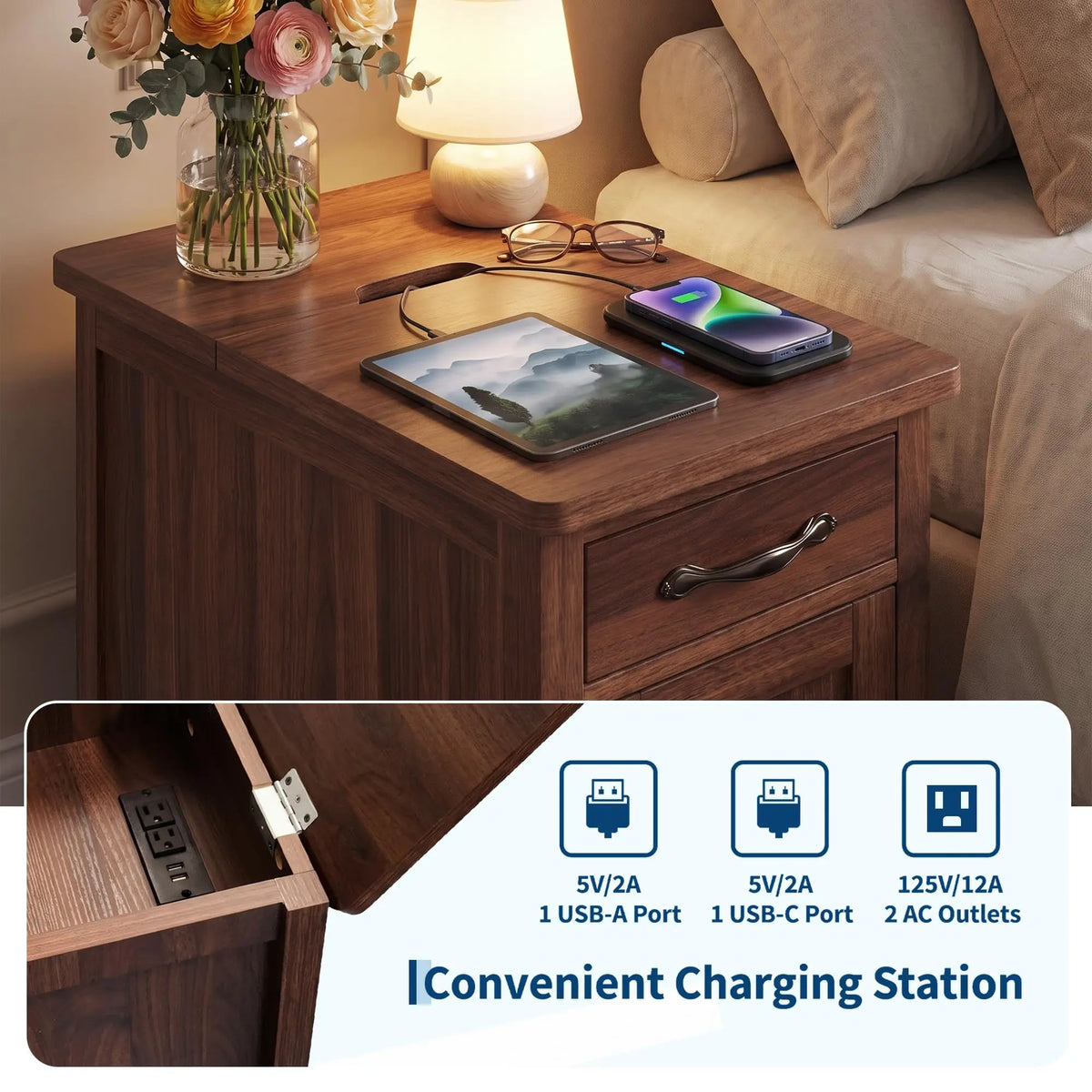 HiMISS Farmhouse End Table With Charging Station And Storage