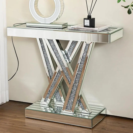 Mirrored Glass Accent Table With Crystal Inlays For Entryway