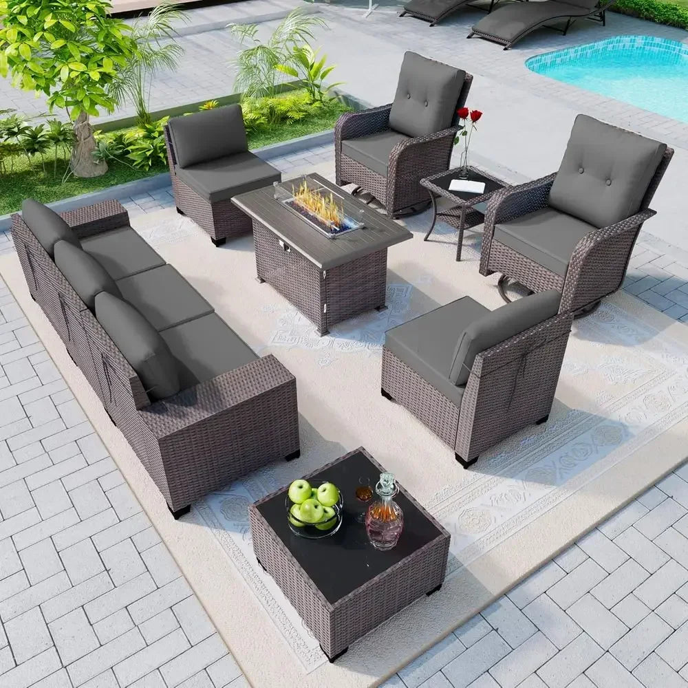 Outdoor 10 Piece Rattan Sofa Set With Propane Fire Pit