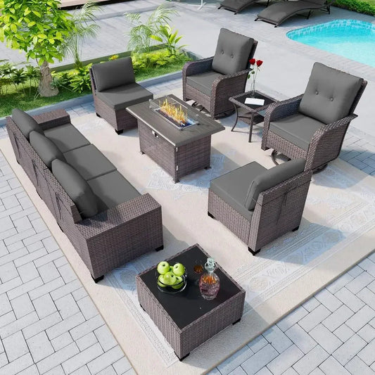 Outdoor 10 Piece Rattan Sofa Set With Propane Fire Pit