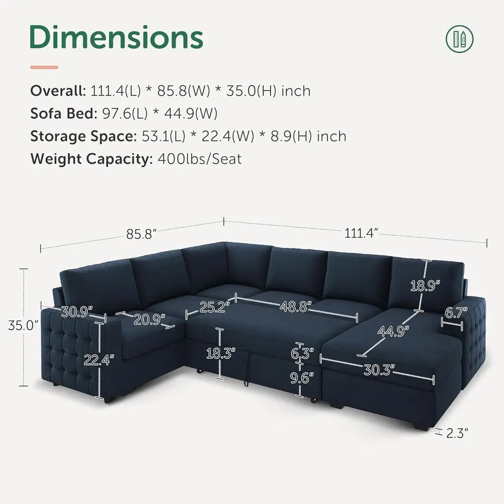 U Shaped Sectional Sleeper Sofa With Pull Out Bed Storage