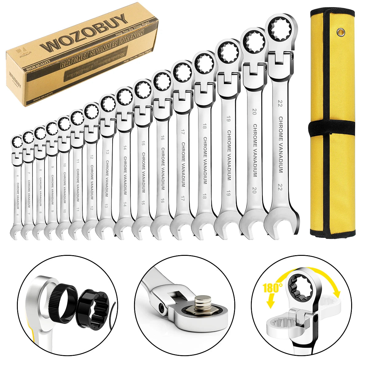 WOZOBUY 16Pcs Ratcheting Wrench Set With Flex Head