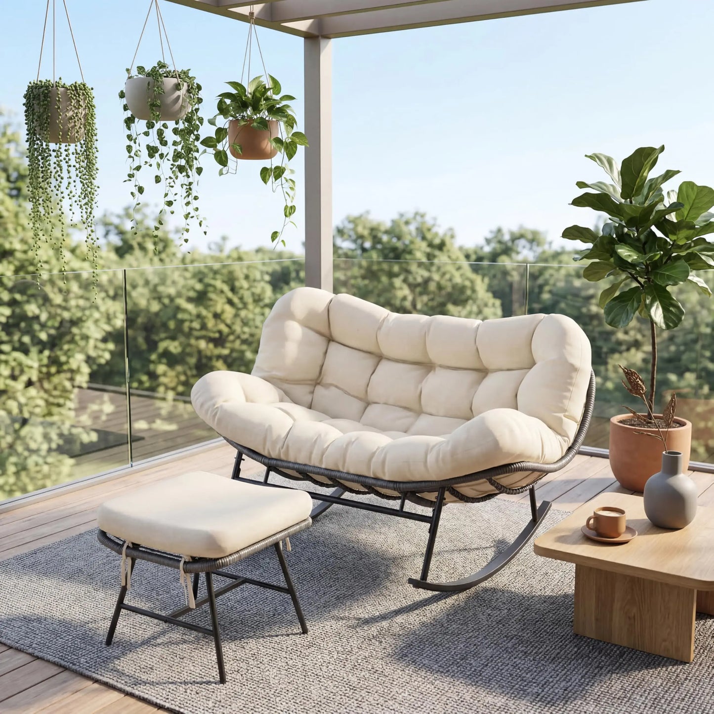 HobbyLane Double Papasan Rocking Chair With Ottoman Outdoor Oversized Wicker