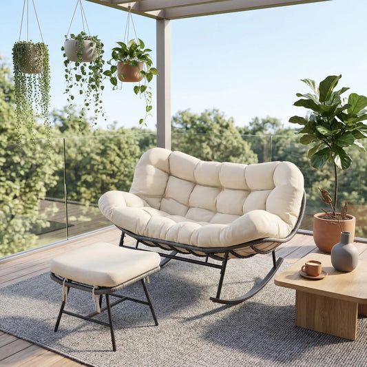 HobbyLane Double Papasan Rocking Chair With Ottoman Outdoor Oversized Wicker