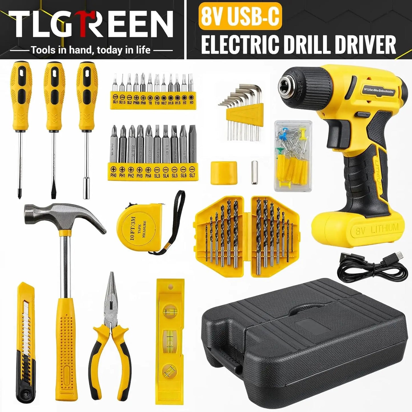TLGREEN 101-Piece 8V USB Cordless Drill Driver Kit