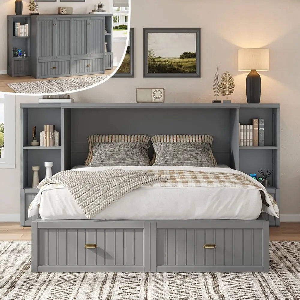 Murphy Bed With Bedside Tables 3 Storage Drawers And Charging Station Farmhouse