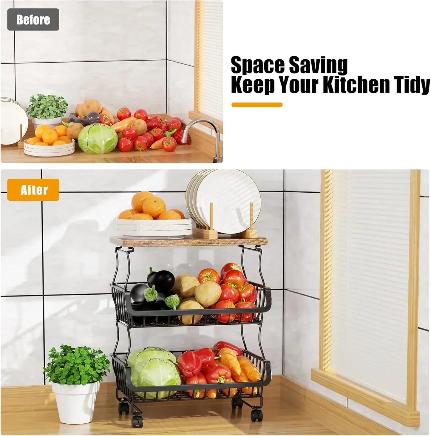 Five-Tier Stackable Fruit and Vegetable Storage Baskets With Wheels