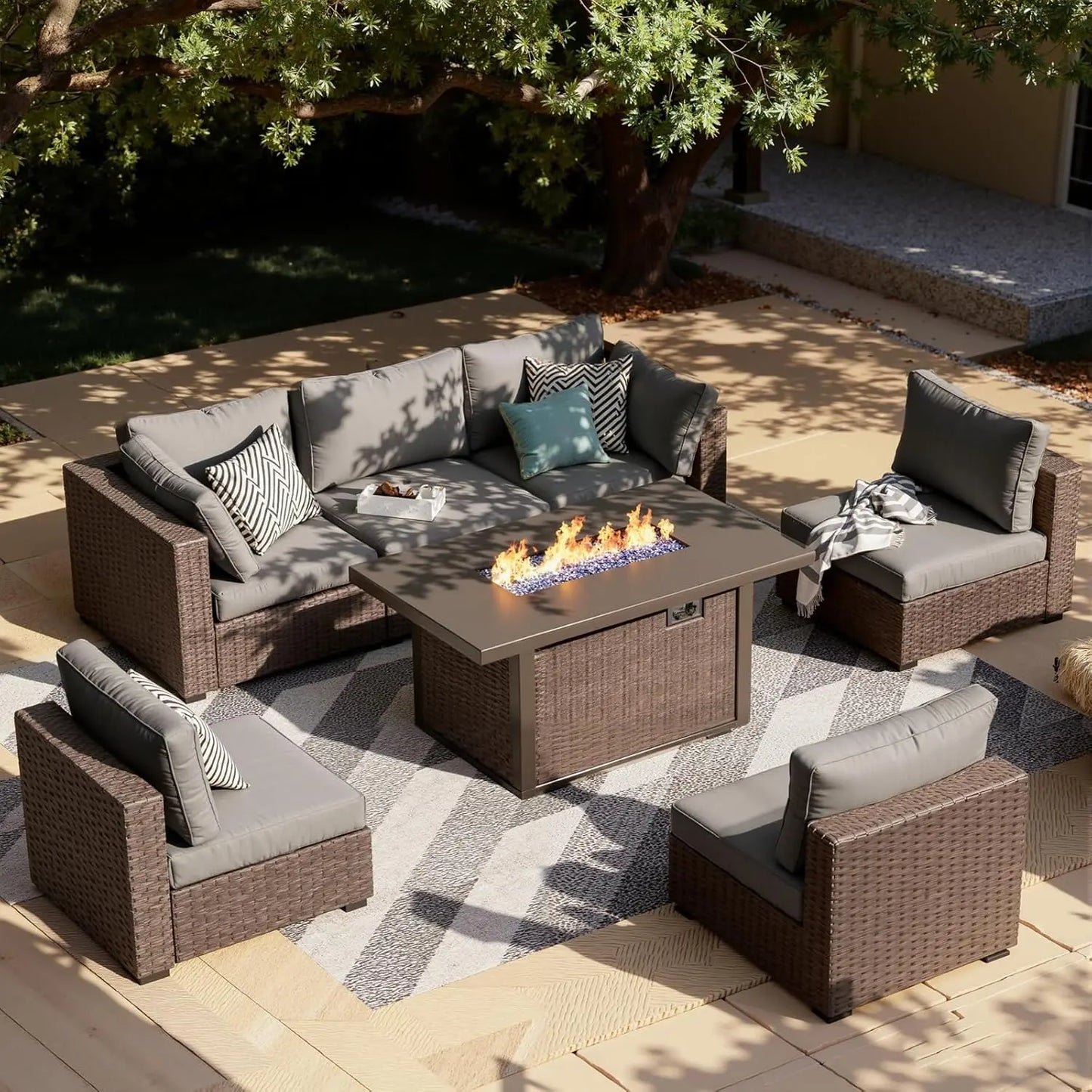 XIAOLANG 7 Piece Outdoor Patio Furniture Set Sectional With Firepit