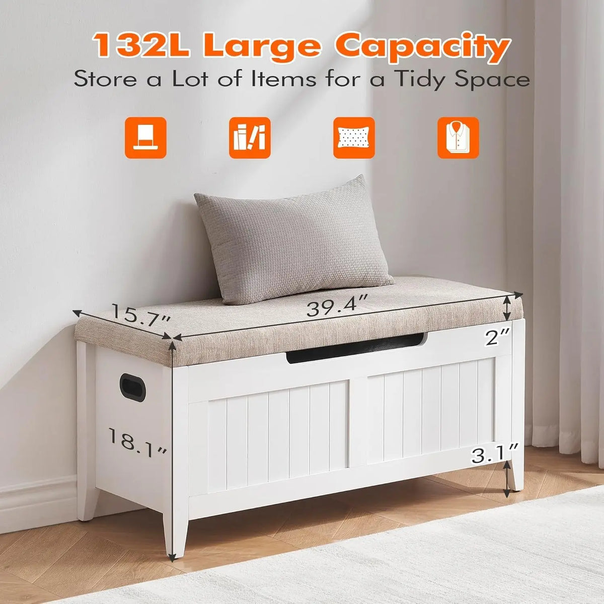 Garvee Wooden Storage Bench With Cushion And Safety Hinges