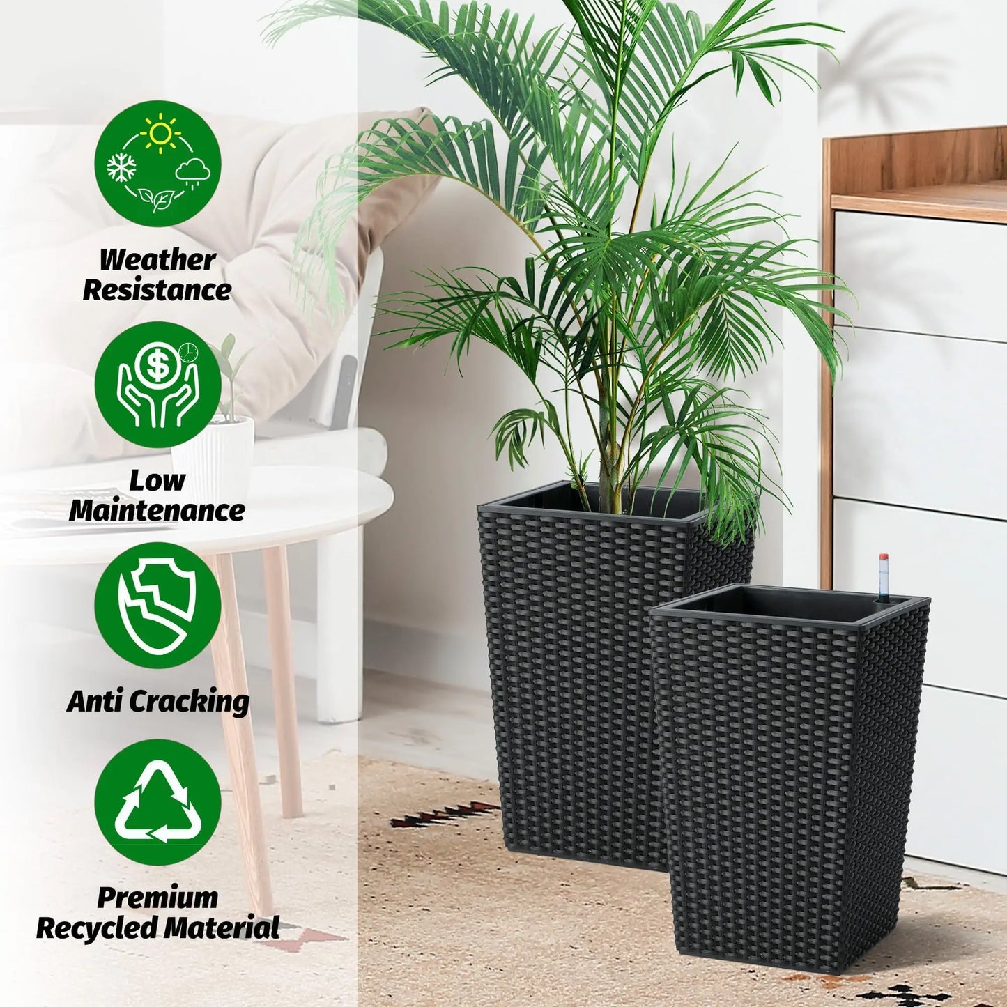 HiMISS Self Watering Tall Planters With Water Level Monitor Set Of 2