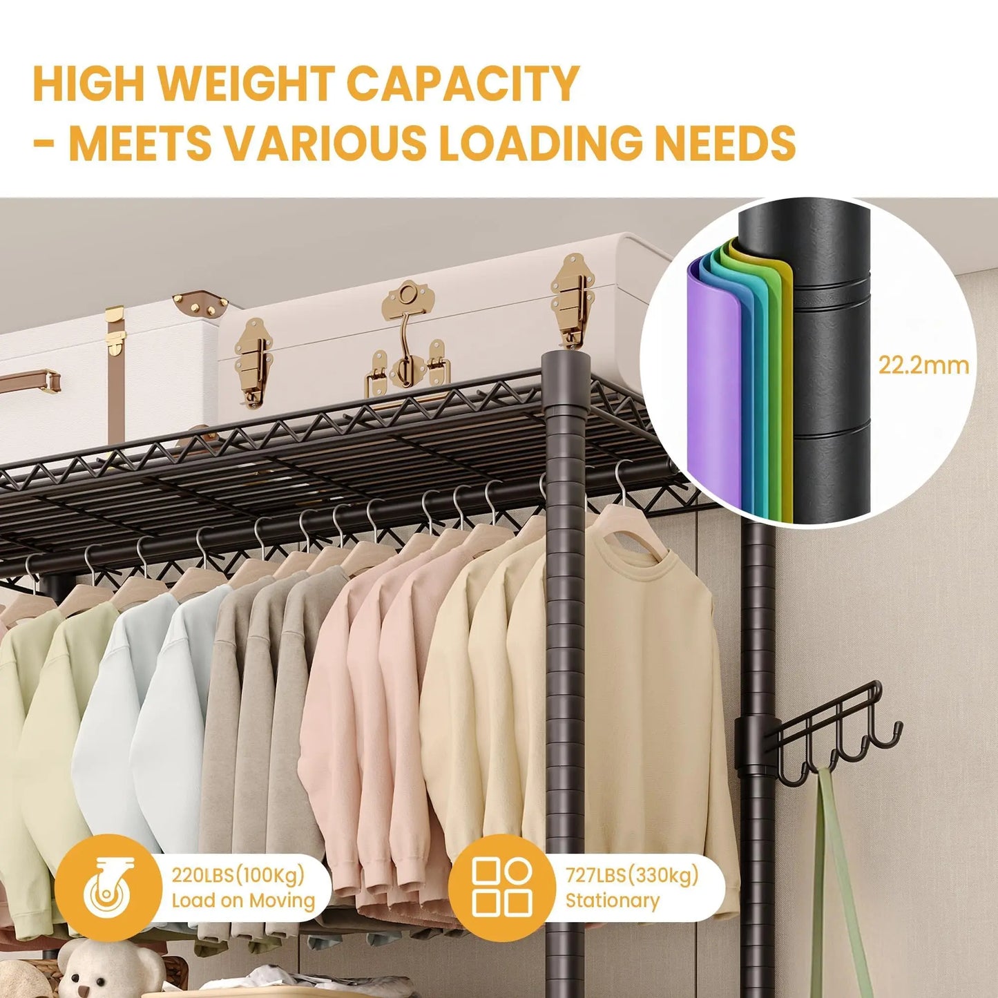 HiMISS 3 Tier Rolling Metal Garment Rack With Dual Rods
