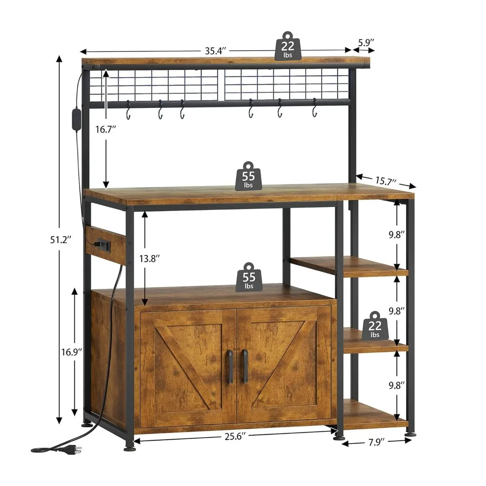 Bakers Rack With Power Outlet LED Light And Storage Cabinet
