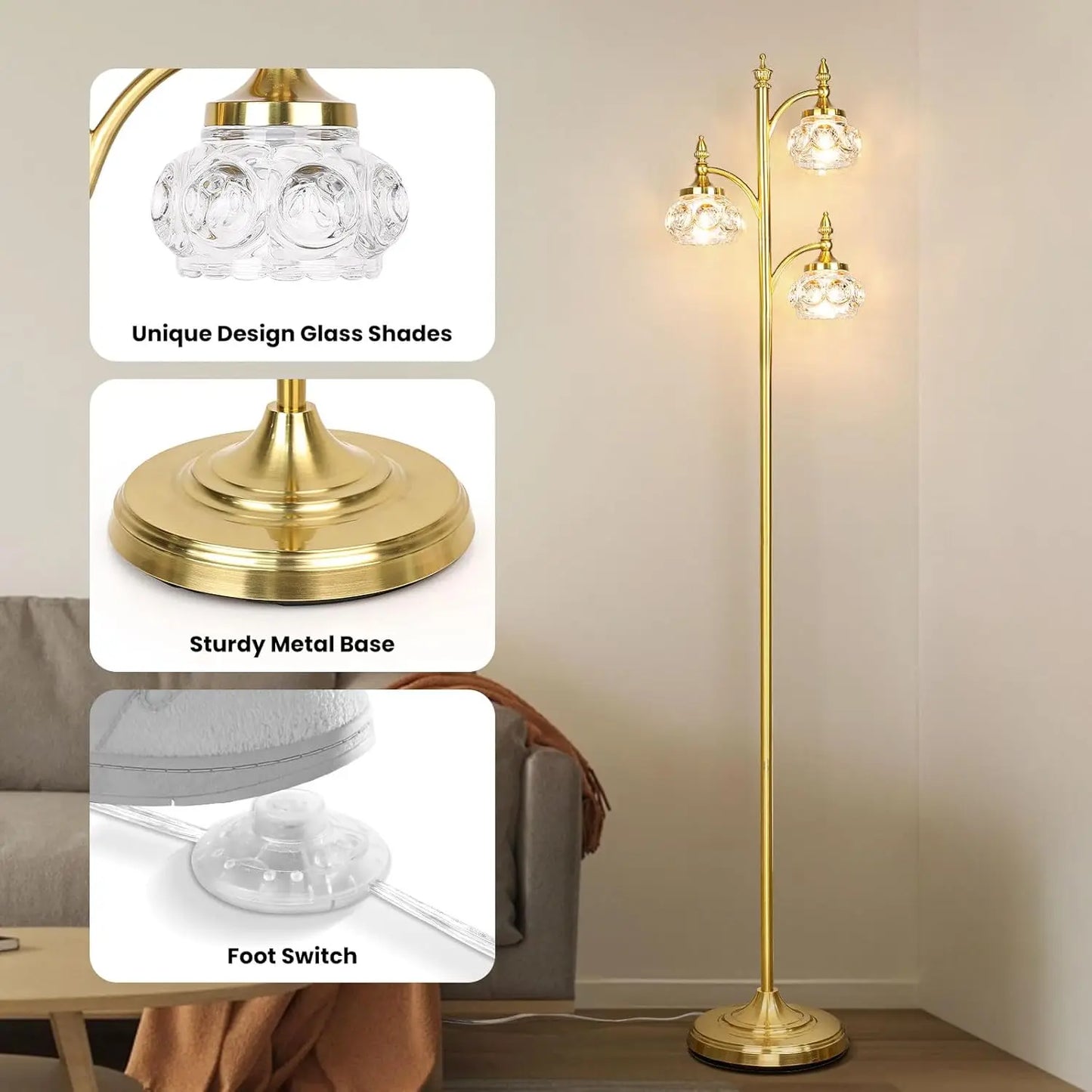 Gold Dimmable Tree Floor Lamp With Rotatable Glass Shade