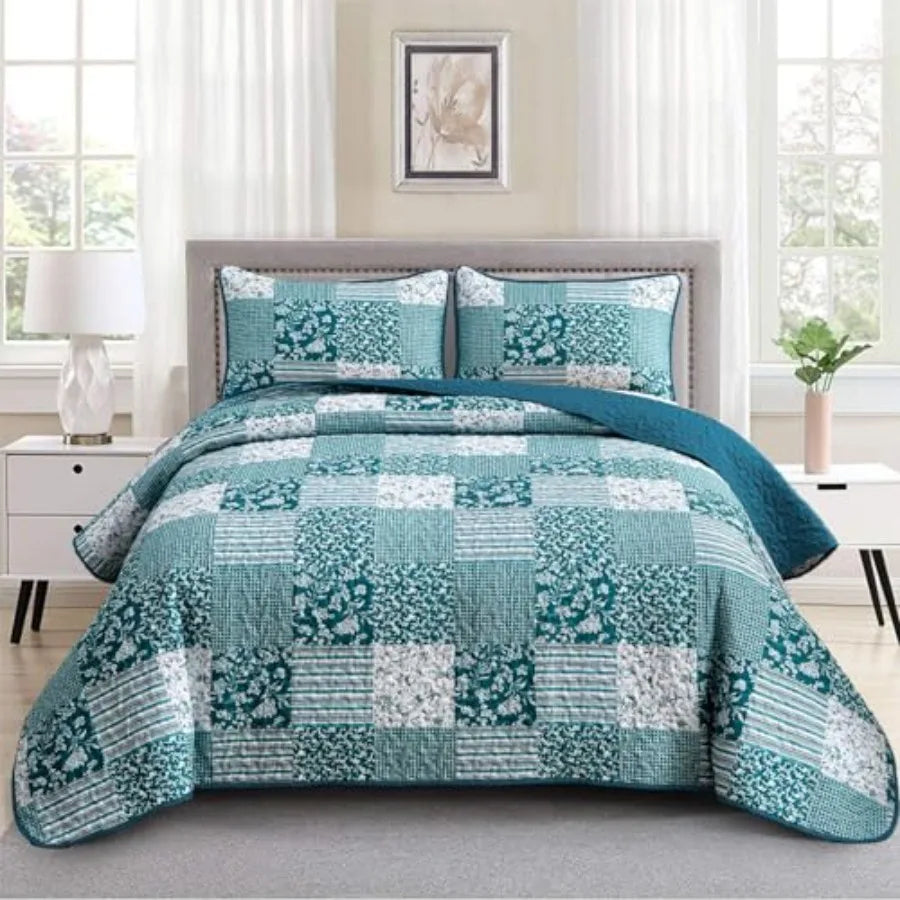 Boho Quilt Set Patchwork Reversible Microfiber Bedding