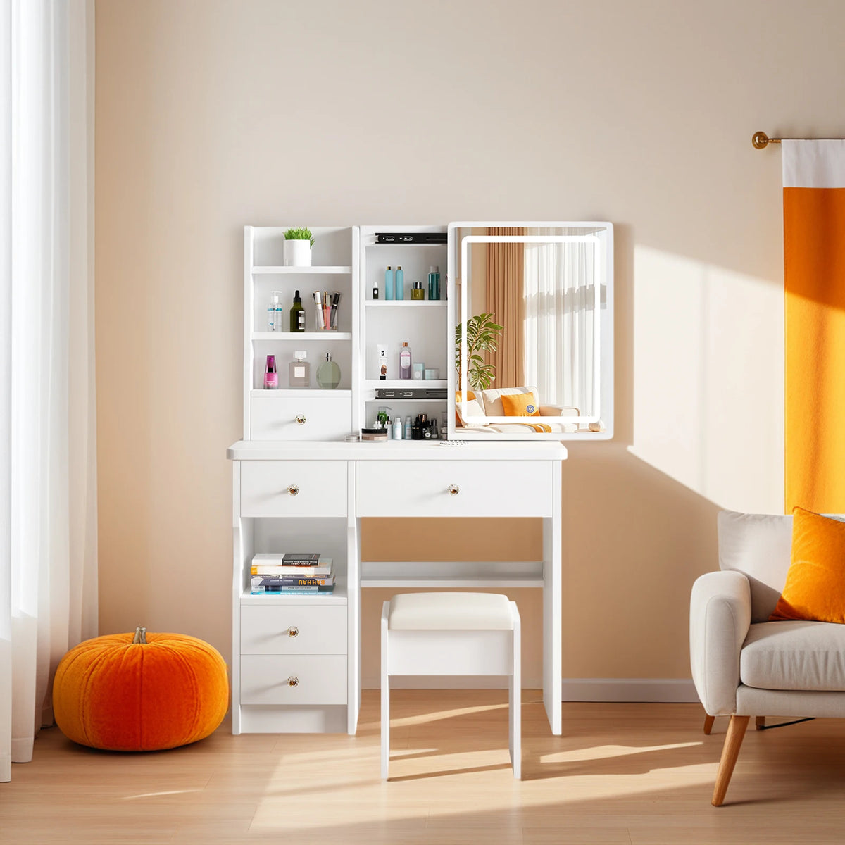 Makeup Vanity Desk With Sliding Mirror, Lights, Drawers And Stool