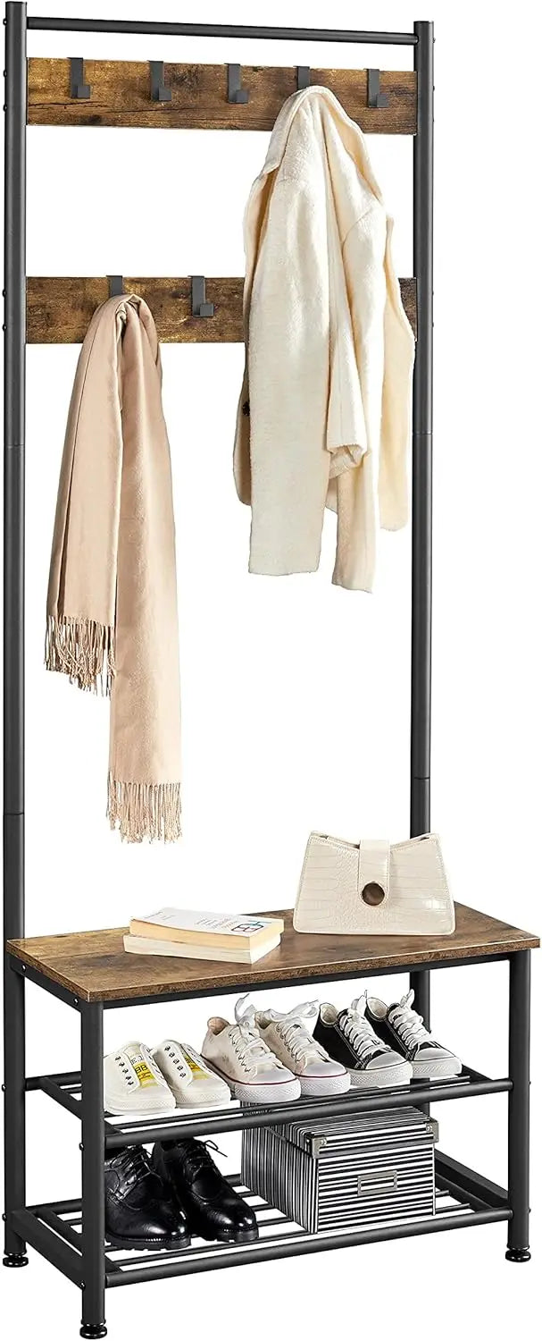 XMSJ Hall Tree Coat Rack With Shoe Bench And Hooks