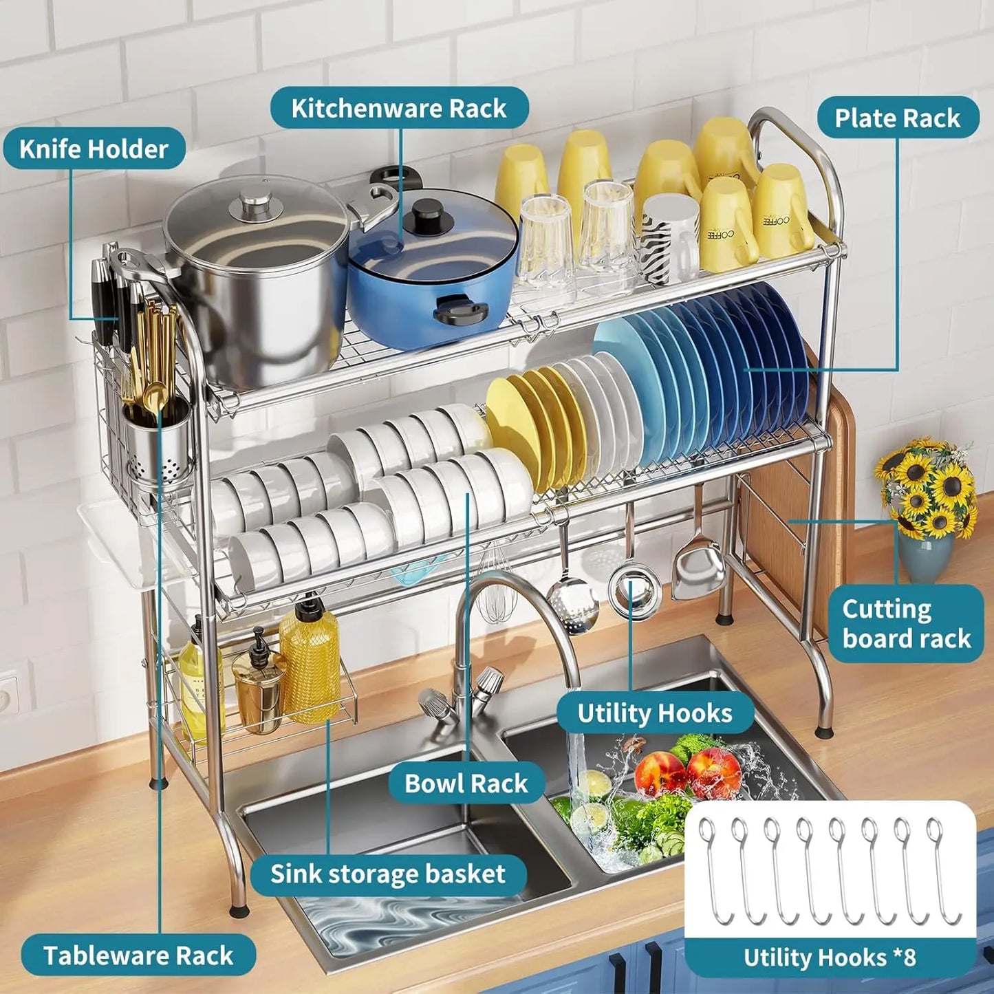 Stainless Steel Over Sink Dish Drying Rack With Utensil Holder Large Capacity