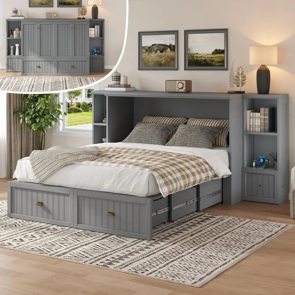 Murphy Bed With Bedside Tables 3 Storage Drawers And Charging Station Farmhouse