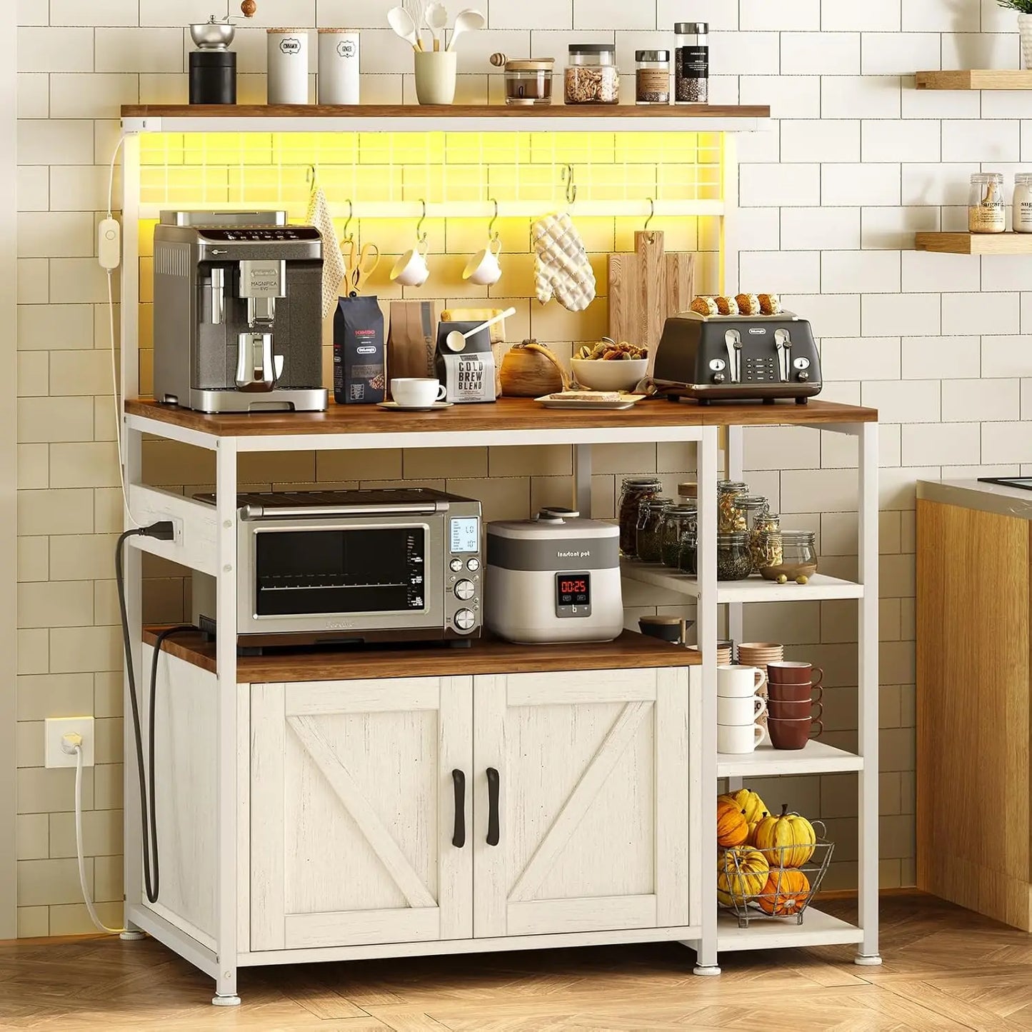 Bakers Rack With Power Outlet LED Light And Storage Cabinet