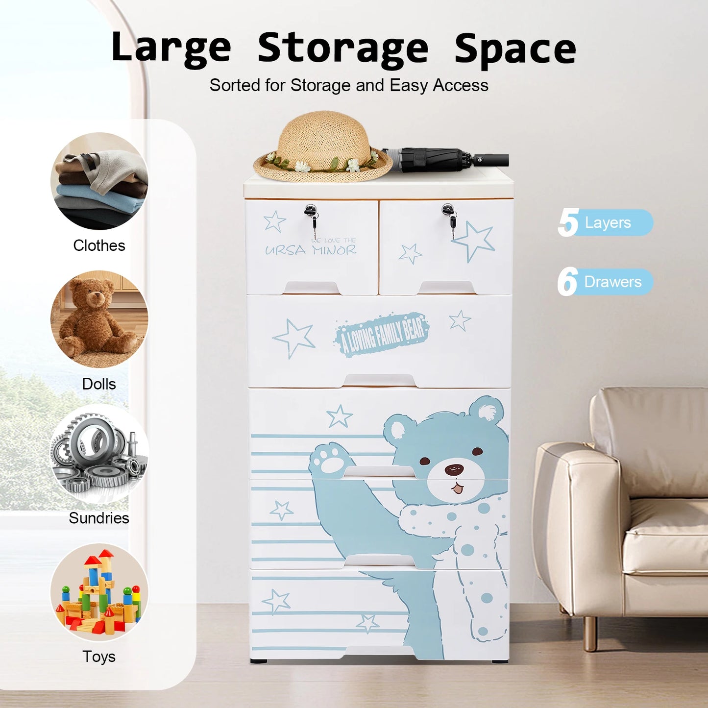 6 Drawer Plastic Storage Cabinet for Clothes and Dolls