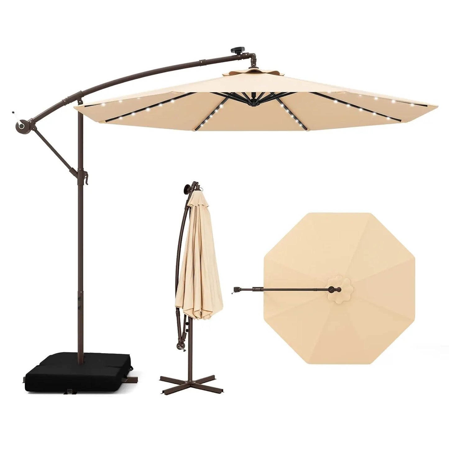 Offset Cantilever Patio Umbrella With Base And Solar LED Lights